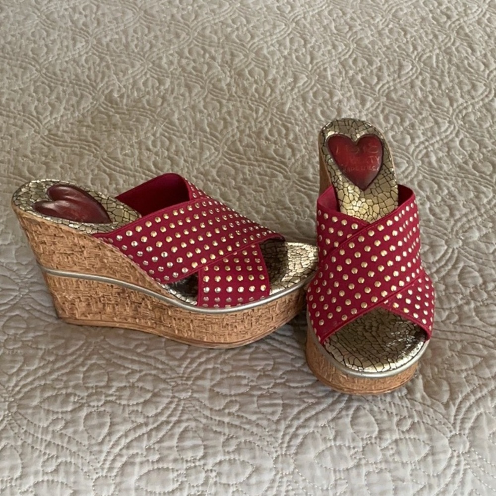 Liberty Red and Gold Wedge Sandals with Cork Platform